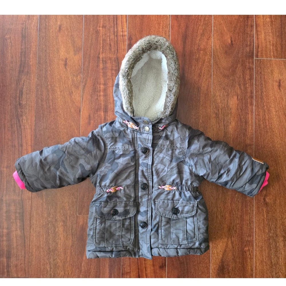 Carters Baby Girls 18M Grey Camo Faux Fur Hooded Heavyweight Winter Parka Jacket